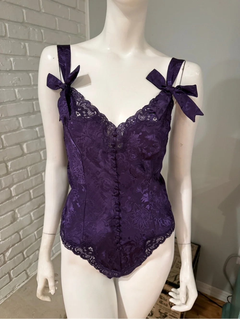 Vintage Victoria’s Secret Gold Label Purple Satin Jacquard Lace Teddy Bodysuit